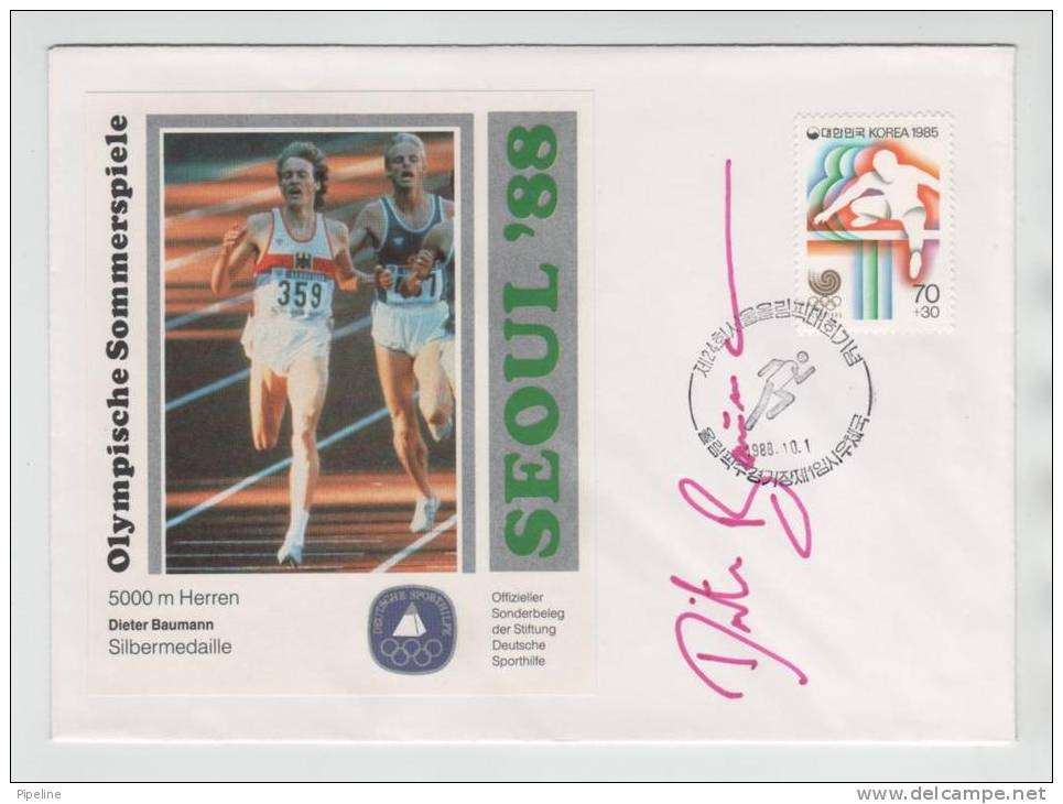 Korea South Olympic Games Seoul 1-10-1988  With Cachet And Signed By The Winner 5000 Meter Men Dieter Baumann Germany - Summer 1988: Seoul