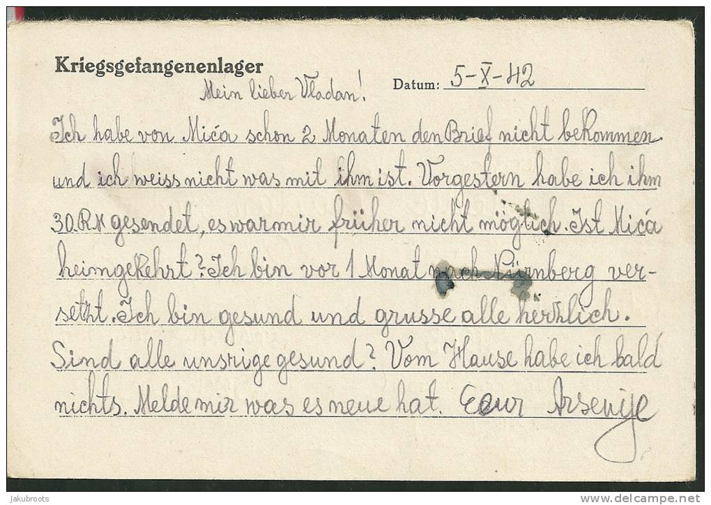 1942 POSTKARTE  GERMAN   NURNBERG  CAMP XIII B FOR  OFFICERS --BELGRADE  SERBIA - Campo De Prisioneros