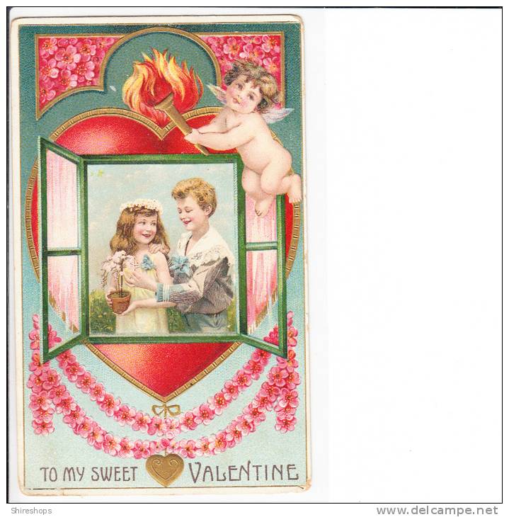Embossed Valentine Day Cupid To My Sweet Children In Window Fire - Valentine's Day