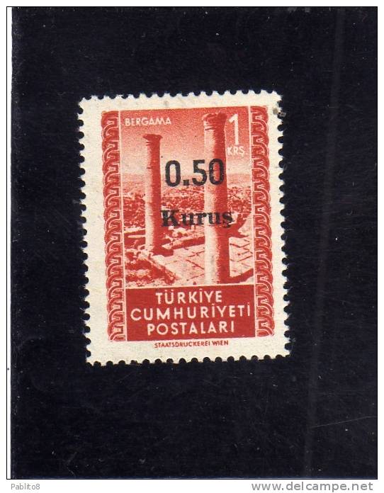 TURCHIA TURKÍA TURKEY 1952 RUINS BERGAMA SURCHARGED NEW VALUE NUOVO VALORE 0.50k On 1k MNH - Unused Stamps