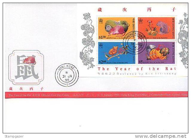 HONG KONG 1996 YEAR OF THE RAT S/S FDC - Astrología