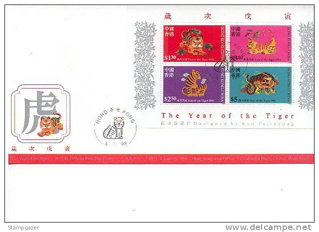 HONG KONG 1998 YEAR OF THE TIGER S/S FDC - Astrología