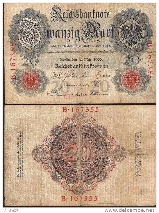 Germany, Reichsbanknote - 20 Mark 1906 - RARE Year - 6 Digit Serial - Ser. B 167355 - 20 Mark
