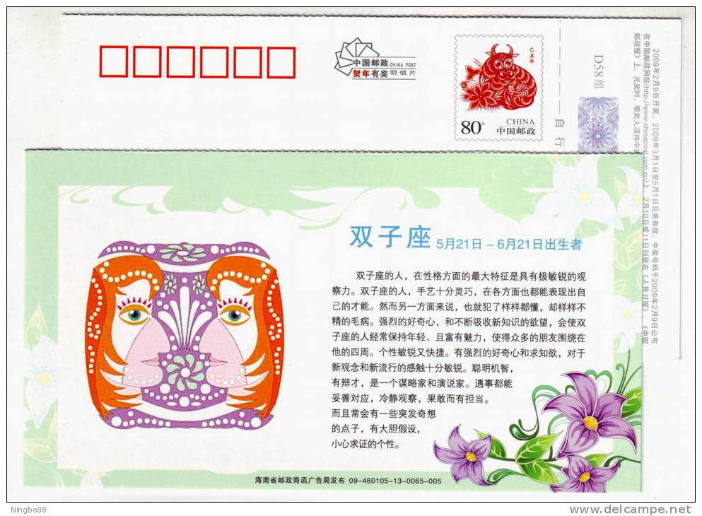 Gemini Star,Sign Of Zodiac,12 Constellation,flower,China 2009 Hainan New Year Greeting Advert Pre-stamped Card - Astrologie