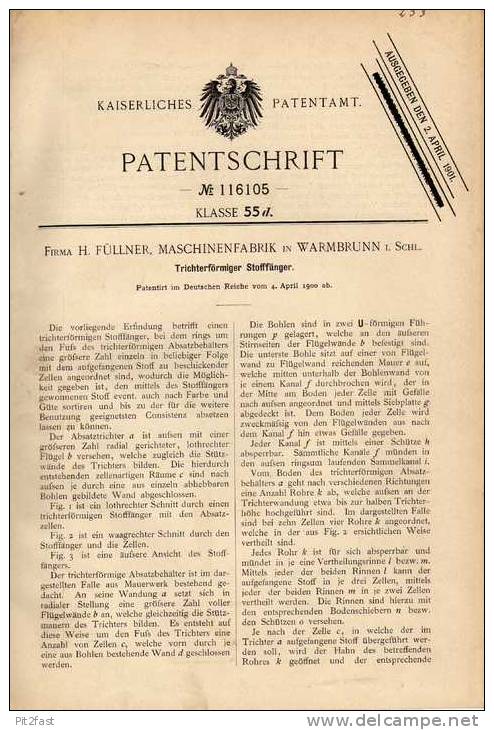 Original Patentschrift - H. Füllner In Warmbrunn I. Schlesien , 1900, Stoffänger !!! - Tools