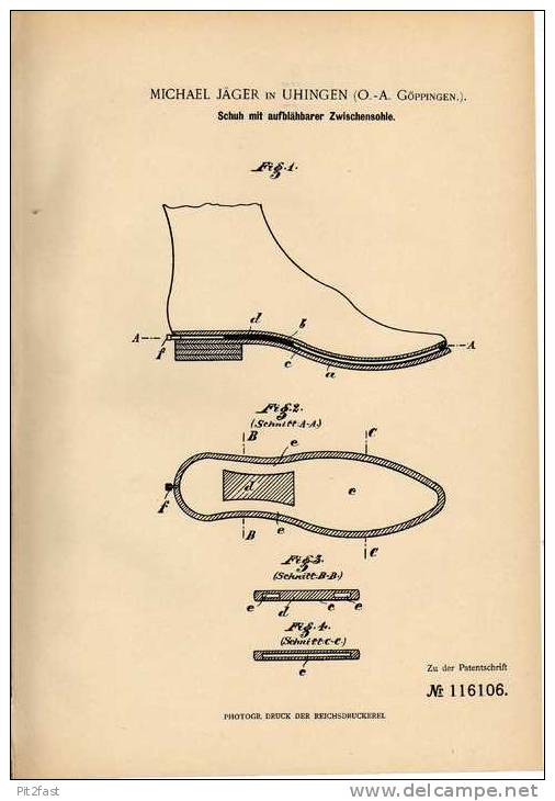 Original Patentschrift - M. Jäger In Uhingen , O.-A. Göppingen , 1899, Aufblähbare Sohle Für Schuhe , Schuster !!! - Historische Dokumente