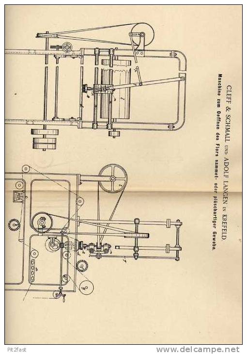 Original Patentschrift - A. Langen In Krefeld , 1900 , Maschine Für Samt Und Plüsch !!! - Macchine