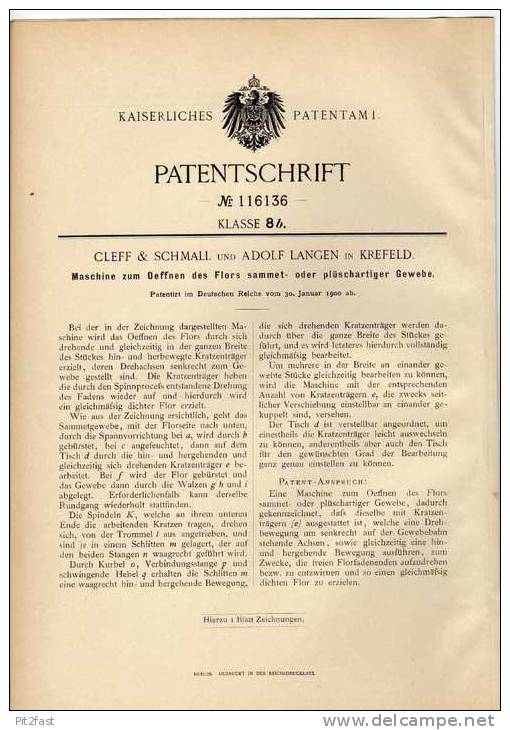 Original Patentschrift - A. Langen In Krefeld , 1900 , Maschine Für Samt Und Plüsch !!! - Tools