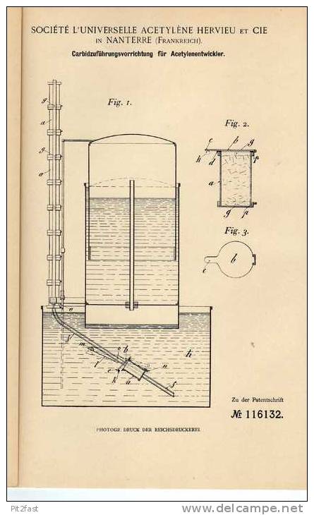 Original Patentschrift - Acetylenentwickler , 1899 , Société Acetyléne In Nanterre , Frankreich !!! - Machines