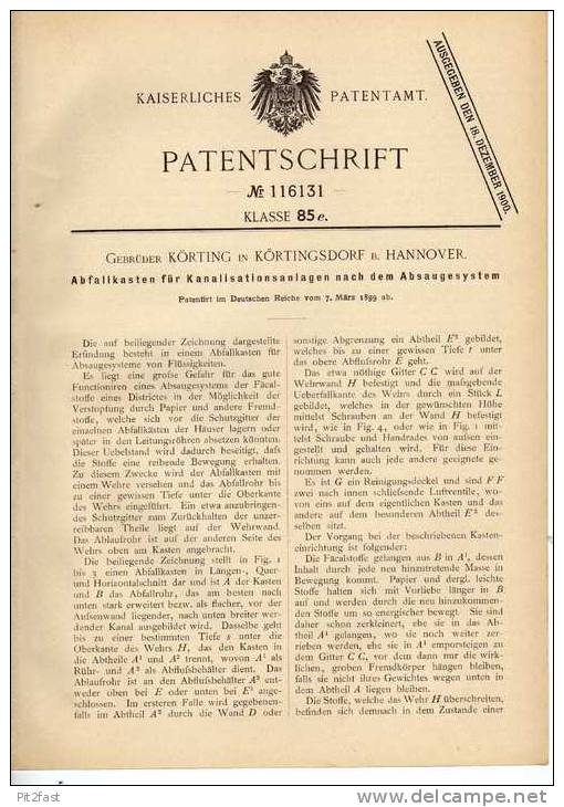 Original Patentschrift - Gebr. Körting In Körtingsdorf B. Hannover , 1899 , Anlage Für Kanalisation , Absaugsystem !!! - Maschinen