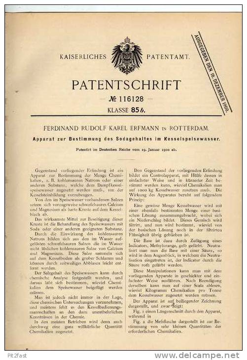 Original Patentschrift - F. Erfmann In Rotterdam , 1900,  Apparat Zur Bestimmung Von Soda !!! - Máquinas