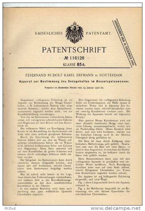 Original Patentschrift - F. Erfmann In Rotterdam , 1900,  Apparat Zur Bestimmung Von Soda !!! - Macchine