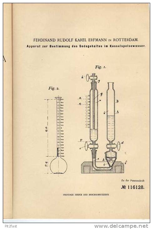 Original Patentschrift - F. Erfmann In Rotterdam , 1900,  Apparat Zur Bestimmung Von Soda !!! - Máquinas