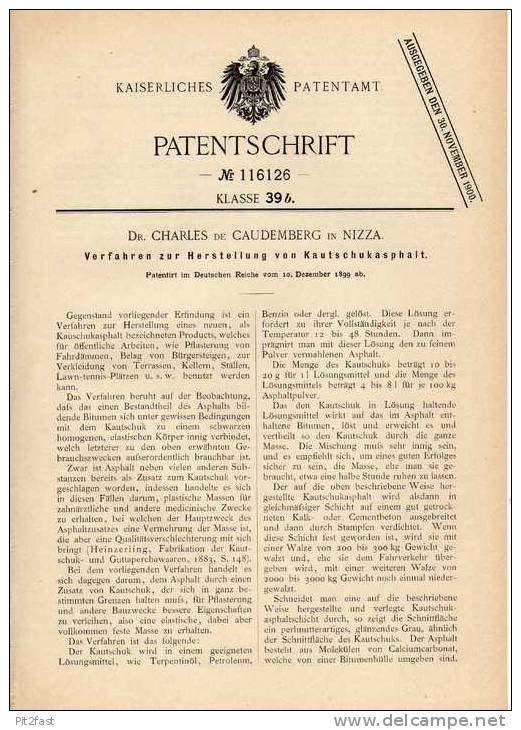 Original Patentschrift - Asphalt Aus Kautschuk , 1899 , Dr. Caudemberg In Nizza !!! - Historische Dokumente