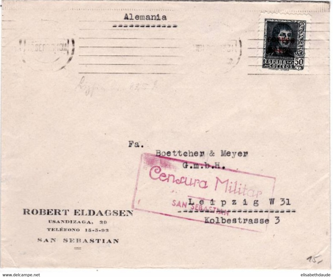 ESPAGNE - 1938 - ENVELOPPE Par AVION Avec CENSURE ESPAGNOLE De SAN SEBASTIAN Pour LEIPZIG - PA SEUL SUR LETTRE - Covers & Documents