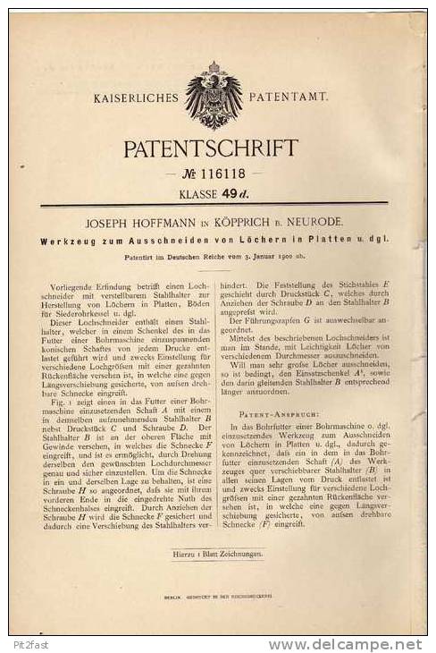 Original Patentschrift - J. Hoffmann In Köpprich B. Neurode , 1900, Werkzeug Zum Ausschneiden Von Platten !!! - Tools