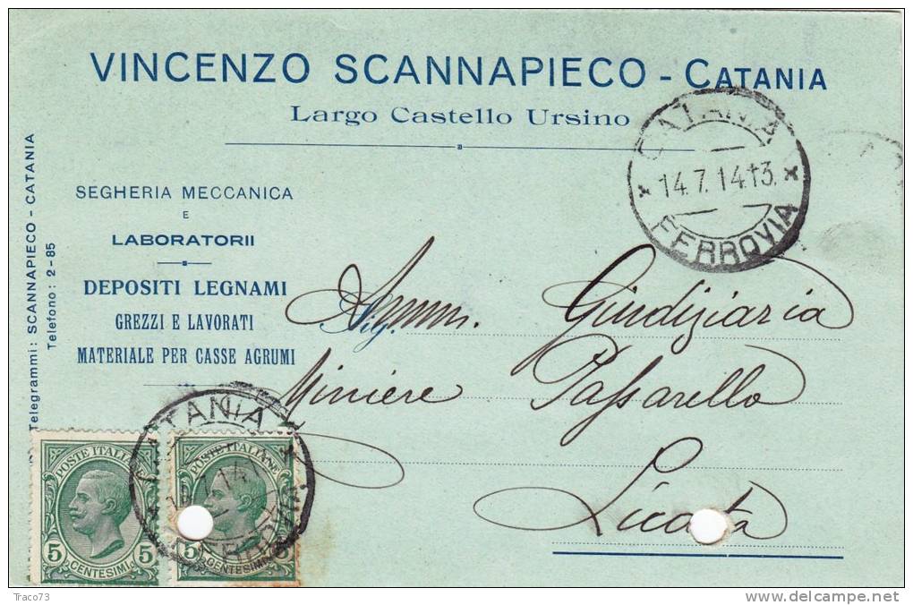 CATANIA / LICATA - Card_ Cartolina Pubbl. 14.7.1914 - "Vincenzo Scannapiego "  - Cent. 5 X 2 - Publicité