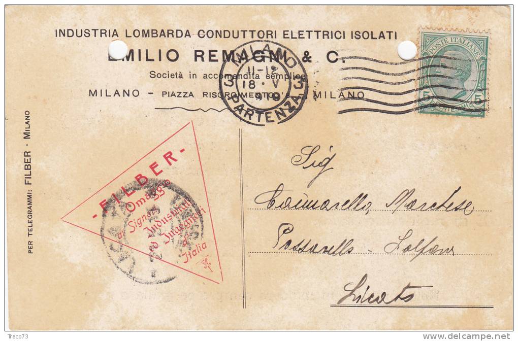 MILANO / LICATA - Card_ Cartolina Pubbl. 18.5.1910? - "Emilio Remagni  C.  "  - Cent. 5 - Reclame