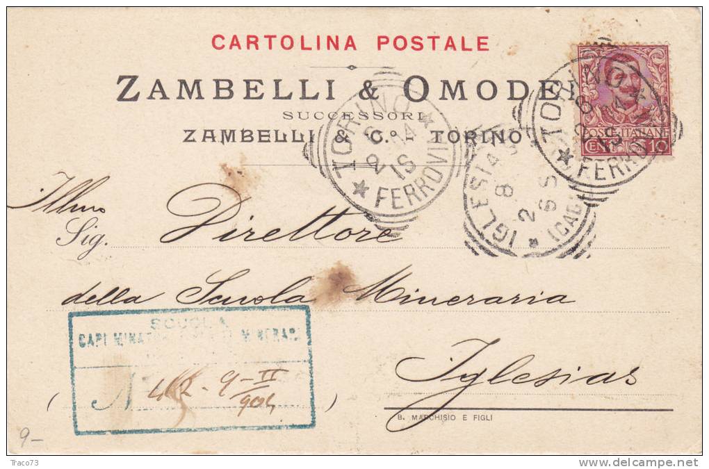 TORINO / IGLESIAS - Card_ Cartolina Pubbl.  6.2.1904  " Zambelli &C." - Cent. 10 - Publicité