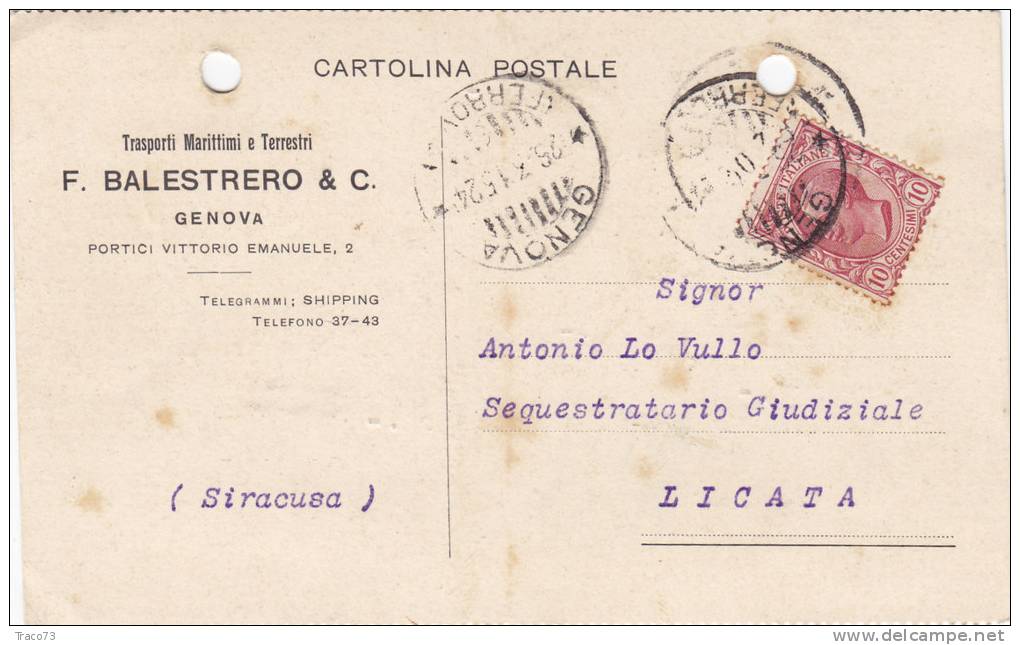 GENOVA / LICATA - Card _Cartolina Pubbl. 26.3.1915 "F. Balestrero & C." - Lire 2  Isolato - Reclame