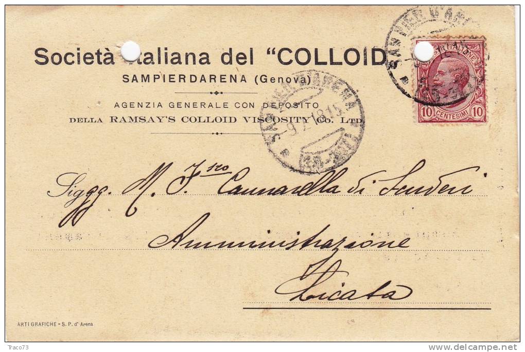 SAMPIERDARENA / LICATA - Card _Cartolina Pubbl. 9.7.1918  " Soc. COLLOID " - Cent. 10 (Marche Da Bollo Sul Retro) - Publicité