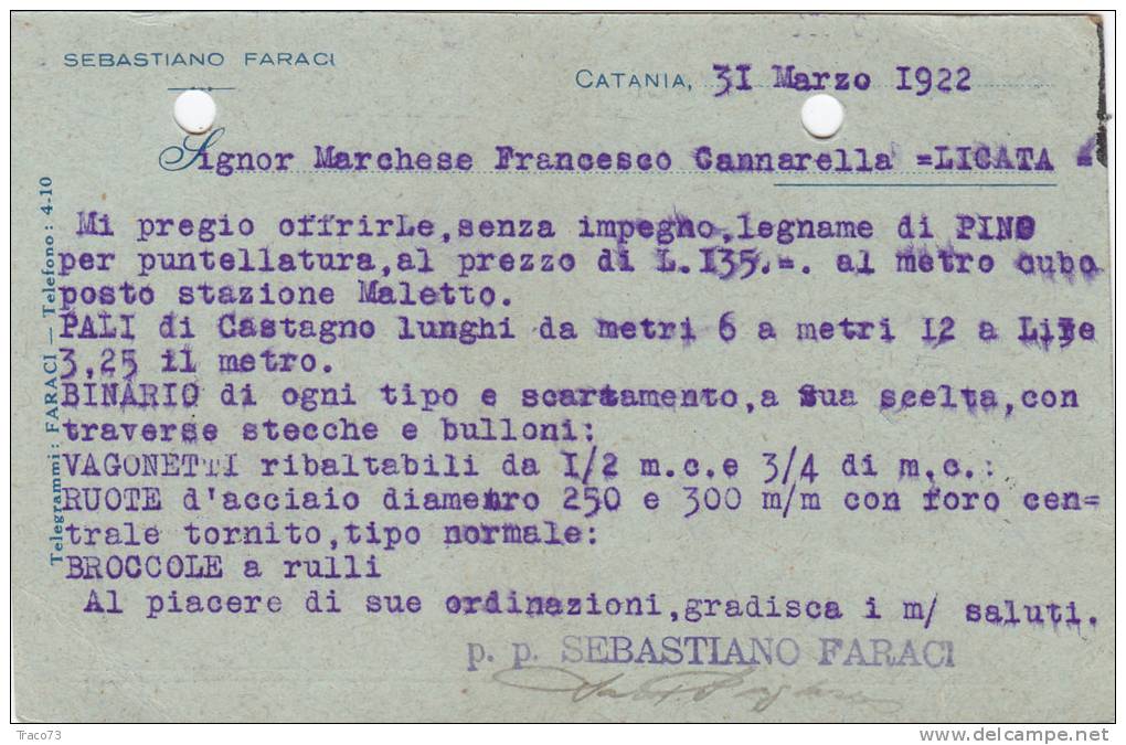 CATANIA / LICATA  - Card _Cartolina Pubbl. 31.3.1922  " Sebastiano Faraci " - Cent. 25 - Publicité