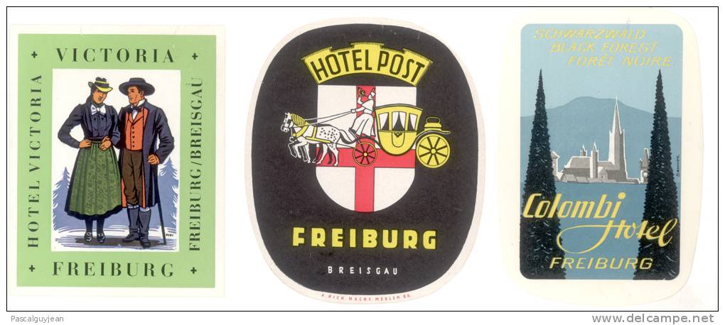 3 ETIQUETTES HOTELS ALLEMAGNE - FREIBURG - VICTORIA - HOTEL POST - COLOMBI HOTEL - Hotel Labels