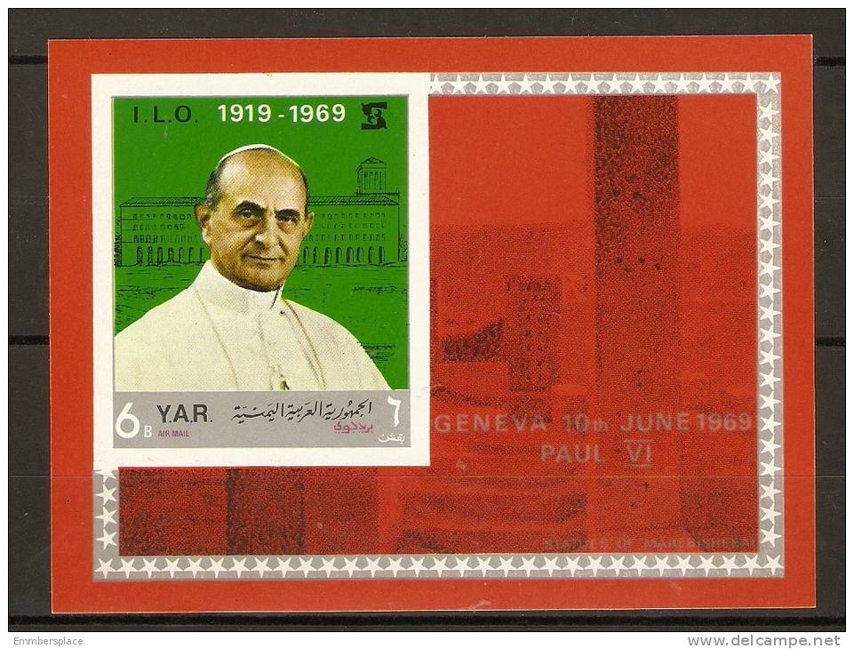 YEMEN (YAR)  - 1969 ILO (POPE JOHN PAUL VI IN GENEVA) IMPERF S/S RED BACKGROUND MNH **  Mi 101 - OIT