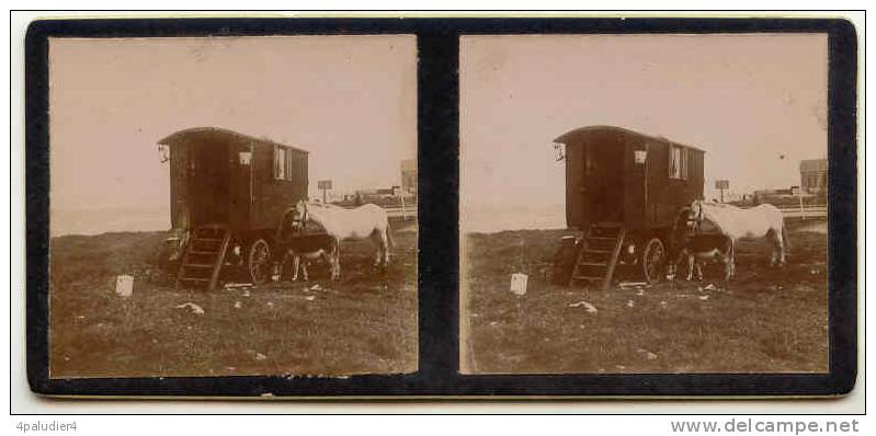 14 ( Calvados) LUC-sur-MER Photo Stéréoscopique ROULOTTE Forains Romanichels Tziganes 1908 - Photos Stéréoscopiques