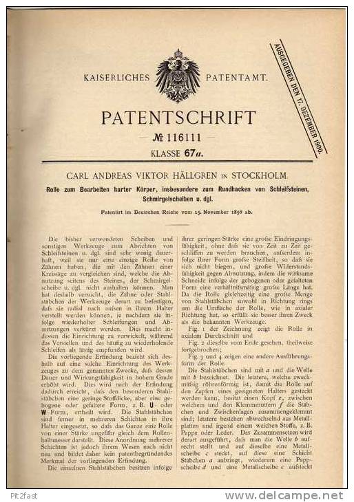 Original Patentschrift - C. Hällgren In Stockholm, 1898, Herstellung Von Schleifscheiben , Schleifstein !!! - Machines