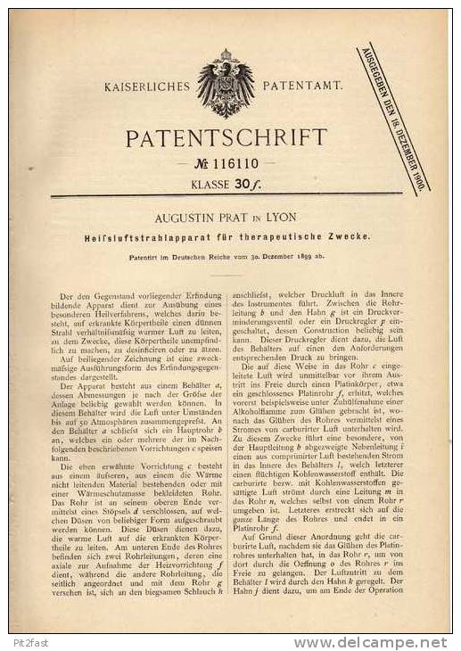 Original Patentschrift - Heiluftstrahlapparat , 1899 , A. Prat In Lyon , Arzt , Therapie , Medizin !!! - Maschinen