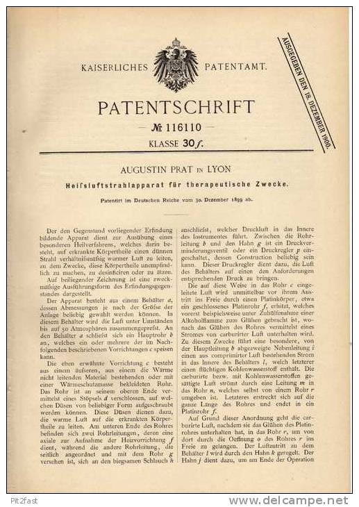 Original Patentschrift - Heiluftstrahlapparat , 1899 , A. Prat In Lyon , Arzt , Therapie , Medizin !!! - Machines