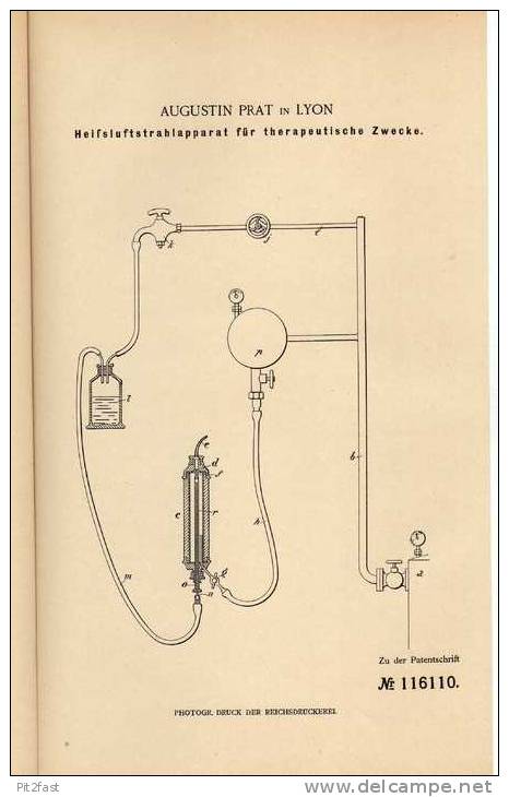 Original Patentschrift - Heiluftstrahlapparat , 1899 , A. Prat In Lyon , Arzt , Therapie , Medizin !!! - Tools