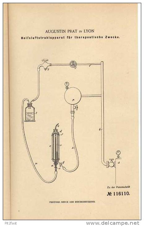 Original Patentschrift - Heiluftstrahlapparat , 1899 , A. Prat In Lyon , Arzt , Therapie , Medizin !!! - Machines