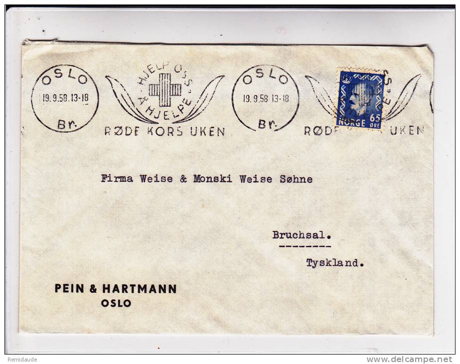 NORVEGE - 1958 - ENVELOPPE De OSLO Pour BRUCHSAL (ALLEMAGNE) Avec MECA THEME "CROIX-ROUGE" - Lettres & Documents