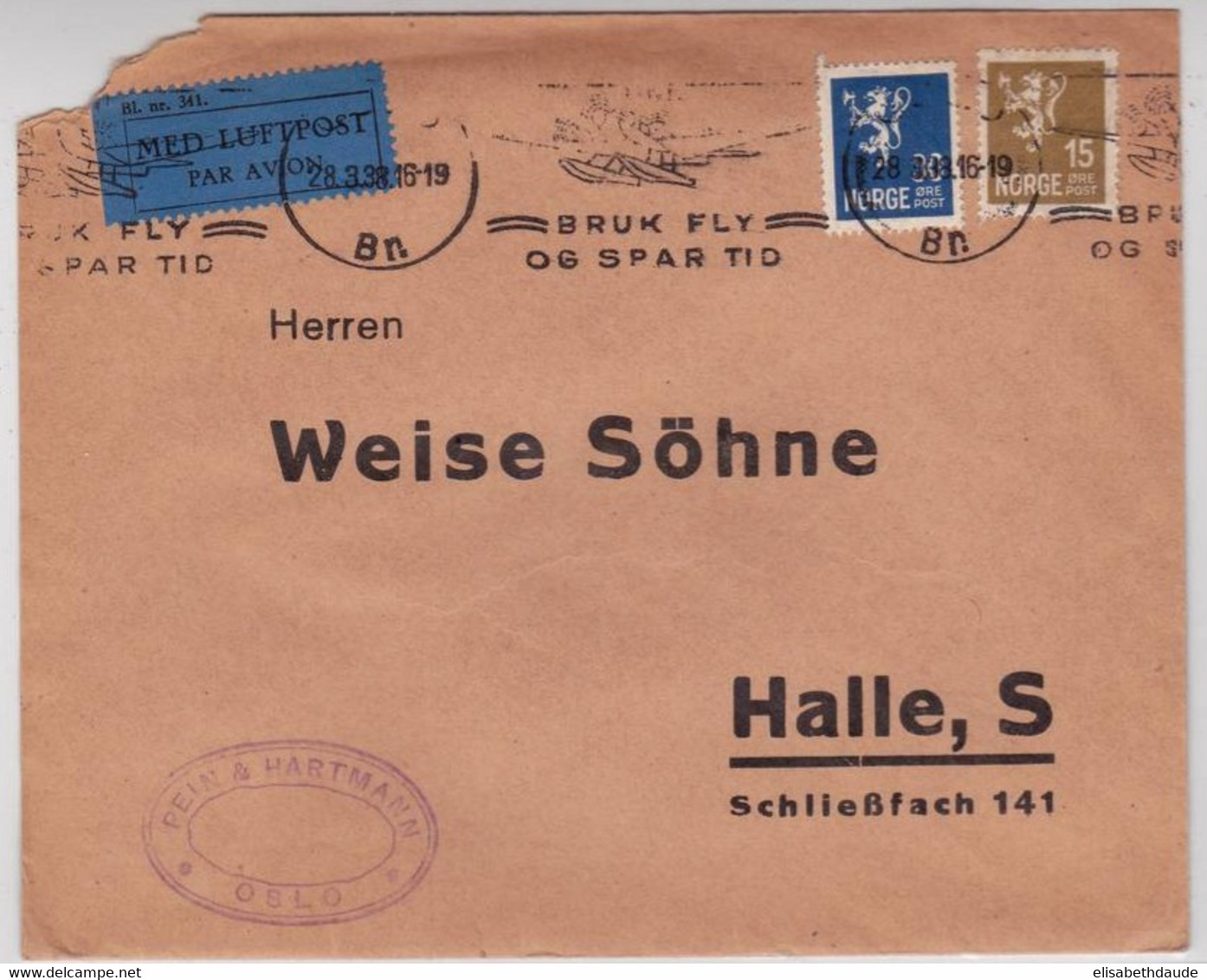 NORVEGE - 1938 - ENVELOPPE AIRMAIL De OSLO Pour HALLE (ALLEMAGNE) Avec MECA THEME "HYDRAVION" - Cartas & Documentos