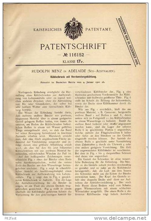 Original Patentschrift - Kühlschrank , 1900 , R. Menz In Adelaide , Australien !!! - Machines