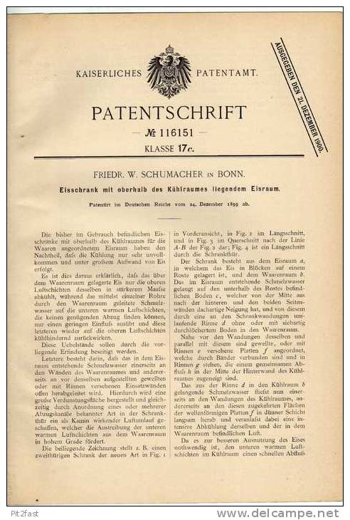 Original Patentschrift - Eisschrank Mit Kühlraum , 1899 , F. Schumacher In Bonn , Kühlschrank !!! - Architectuur