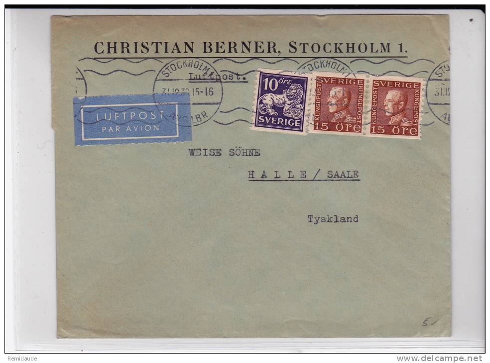 SUEDE - 1938 - ENVELOPPE PAR AVION De STOCKHOLM  Pour HALLE (GERMANY) - - Storia Postale