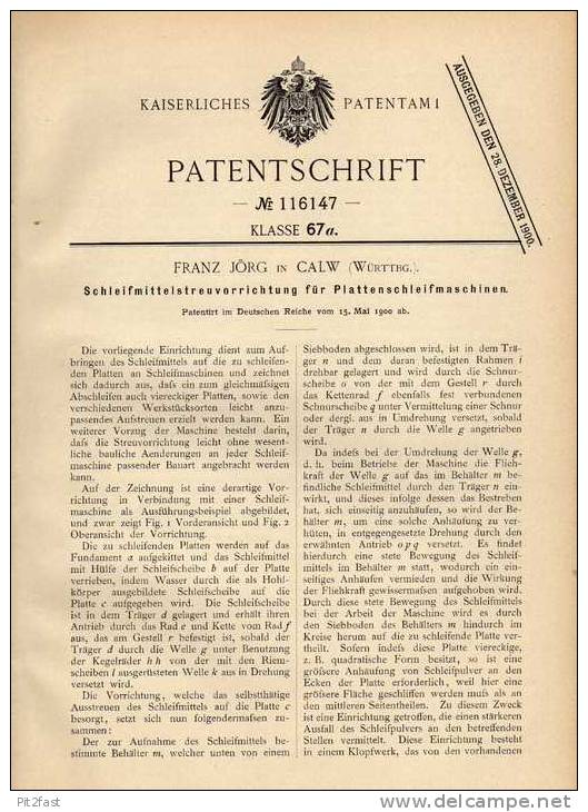 Original Patentschrift - Plattenschleifmaschine , F. Jörg In Calw , 1900 !!! - Macchine