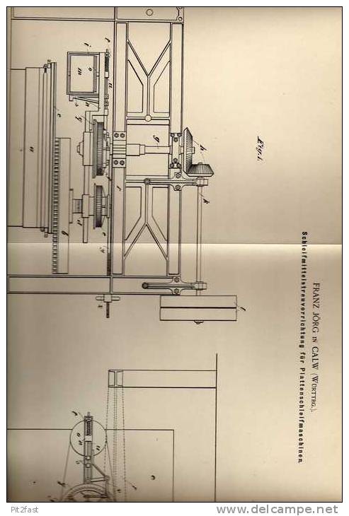 Original Patentschrift - Plattenschleifmaschine , F. Jörg In Calw , 1900 !!! - Maschinen