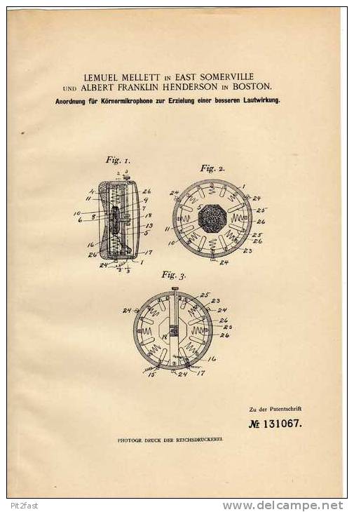 Original Patentschrift - Mikrophone , Körnermikrophone , 1901 , L. Mellett In East Somerville Und Boston , Mikrofon !!! - Machines