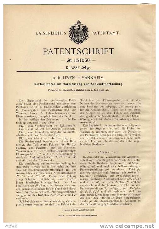 Original Patentschrift - Reklame Anzeigetafel , 1901 , A. Levyn In Mannheim !!! - Architecture