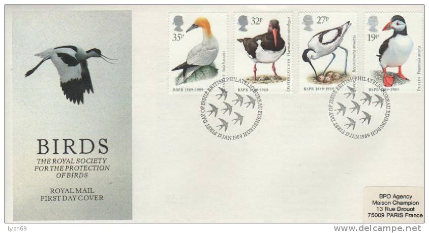 F D C GRANDE BRETAGNE  FAUNE  ANIMEAUX  OISEAUX  1989   N* YVERT  1363/6 - 1981-1990 Decimal Issues