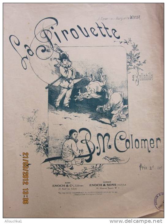 Partition"la Pirouette" B. M Colomer-Ballabile&mdash; Pour Piano à Mlle Marguerite Weyler - Instruments à Clavier