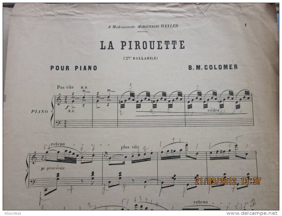 Partition"la Pirouette" B. M Colomer-Ballabile&mdash; Pour Piano à Mlle Marguerite Weyler - Instruments à Clavier