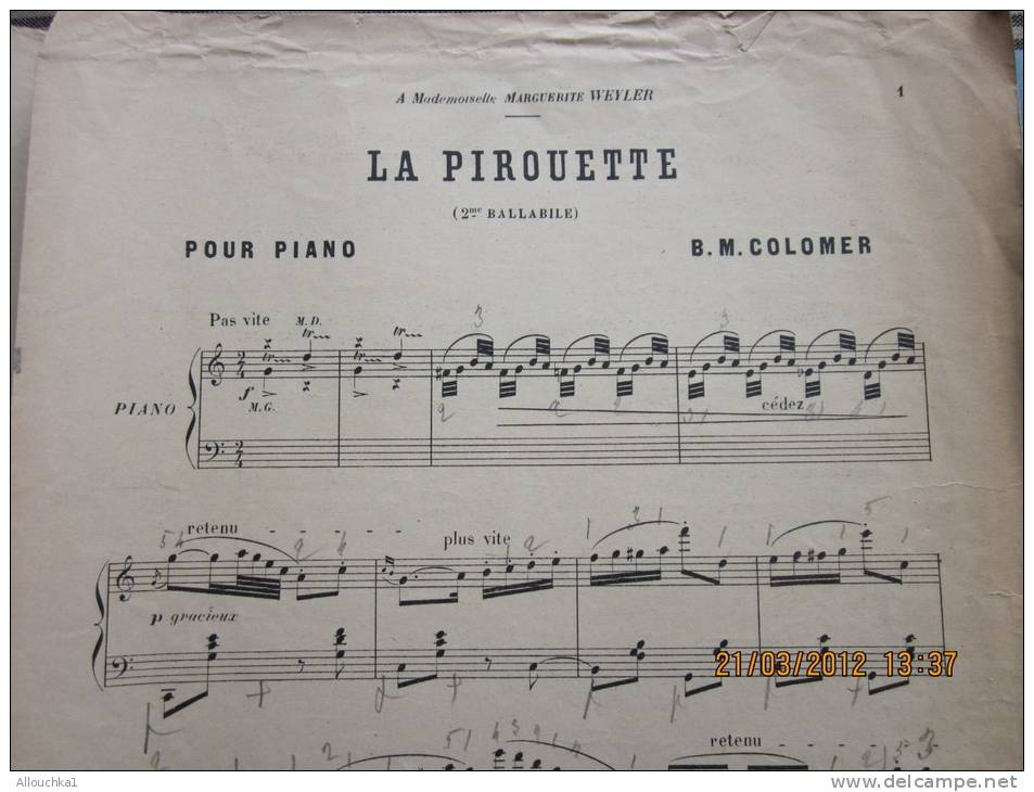 Partition"la Pirouette" B. M Colomer-Ballabile&mdash; Pour Piano à Mlle Marguerite Weyler - Keyboard Instruments