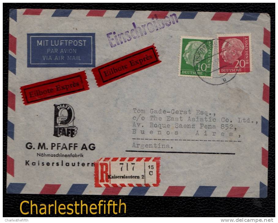 LETTRE ENREGISTREE PFAFF - 1957 KAISERLAUTERN Vers BUENOS AIRES - Europa Yvert 118 Au Dos - Lettres & Documents