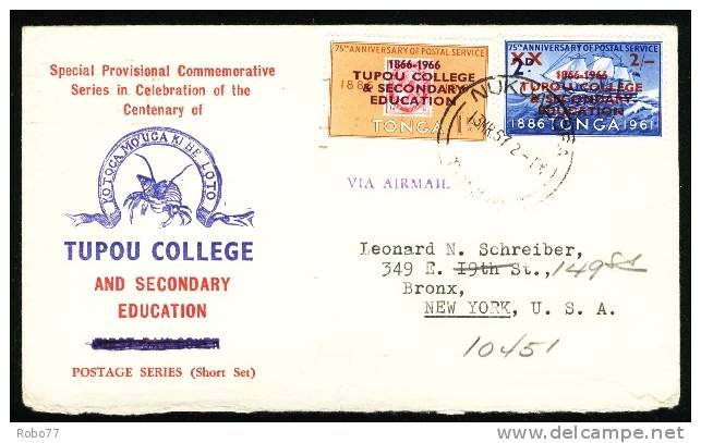 1957 Tonga Airmail Letter Cover Sent To USA. Overprint Stamps 1866-1966 TUPOU COLLEGE & SECONDARY EDUCATION. (H162c003) - Tonga (...-1970)