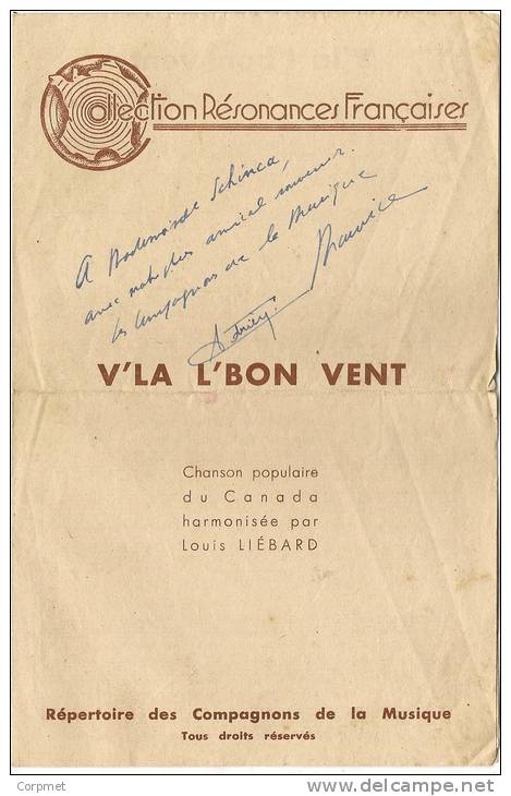 COLLECTION RÉSONANCES FRANCAISES - V´LA  L´BON  VENT Chanson Populaire Du Canada Harmonisée Par Louis LIÉBARD - Liederbücher